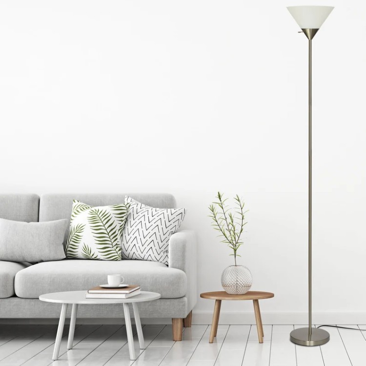 Modern Torchiere Floor Lamp with Frosted White Shade with Brushed Nickel Finish