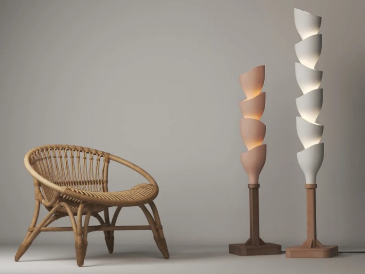 floor lamp, ceramic, wood and steel, variable height and pod count, modular design